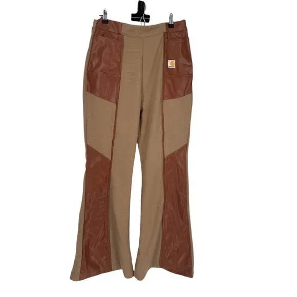 Beige Caramel Patchwork Flare Pants Contrast Panel Y2K Wide Leg M - Picture 2 of 6